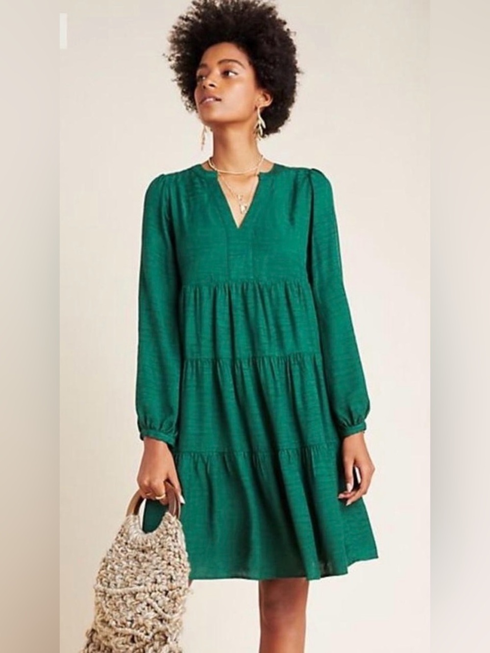 Maeve Anthropologie Green Tiered Dress L Large Long Sleeve Babydoll Viscose Boho